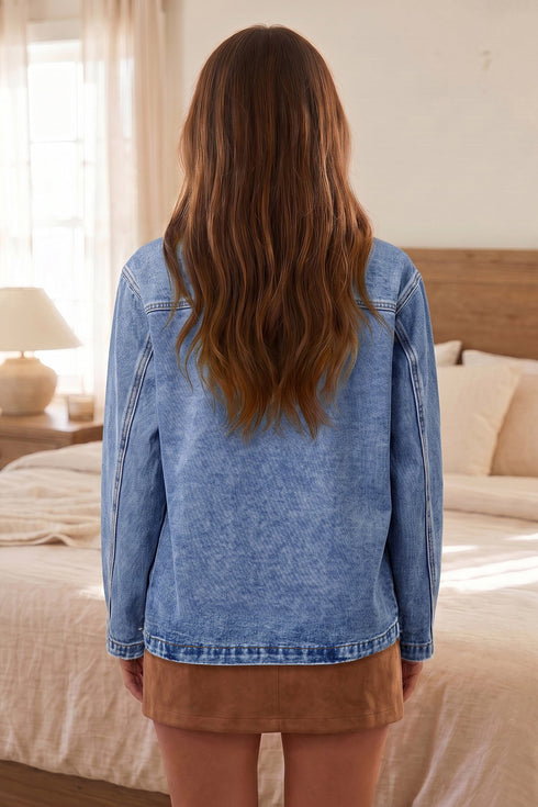 Patchwork Leather Collar Long Sleeve Denim Jacket