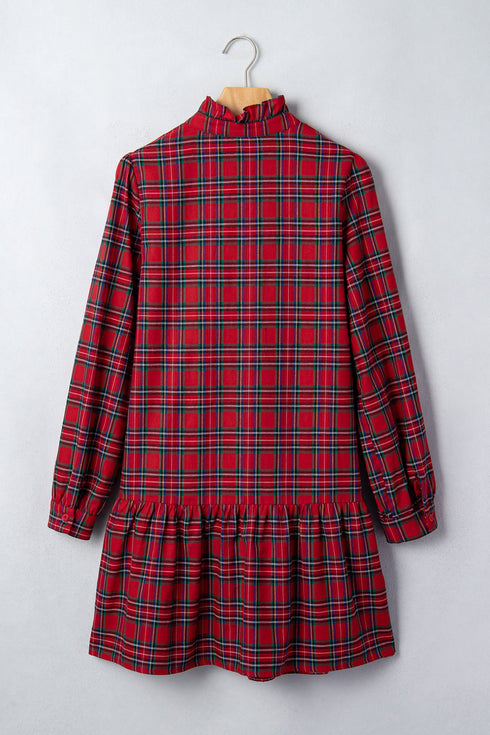 Plaid Long Sleeve Shift Silhouette Decoration Mini Dress