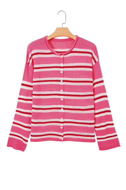 Acrylic Striped Pattern Drop Shoulder Button Cardigan