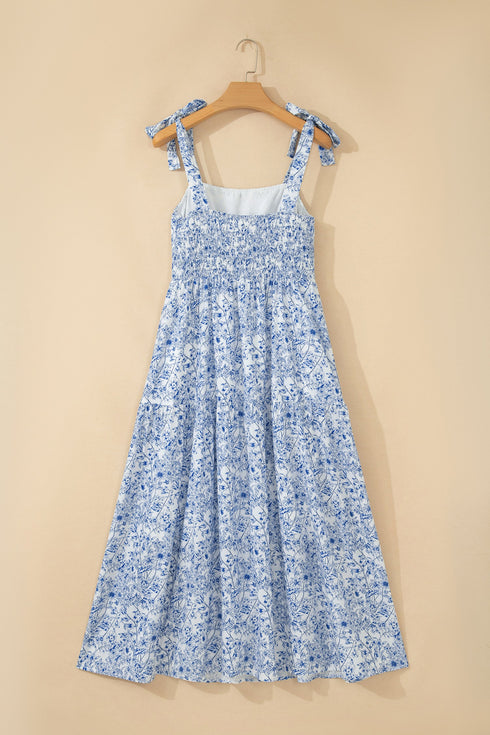 Floral Print Knot Strap High Waist Flared Maxi Dress