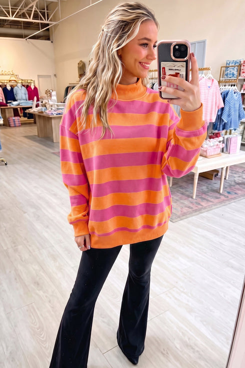 Stripe Print Mock Neck Relaxed Silhouette Sweatshirt
