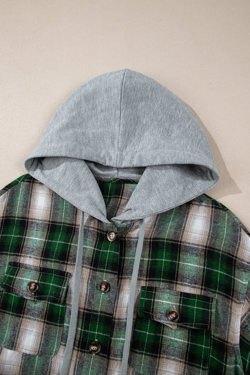 Plaid Print Chest Pocket Button Down Hooded Shacket