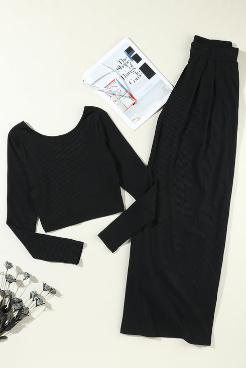 Minimalist Ribbed Crop Top And Long Pant Sets