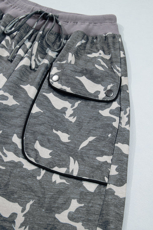 Camouflage Print Drawstring Waist Cargo Barrel Pants