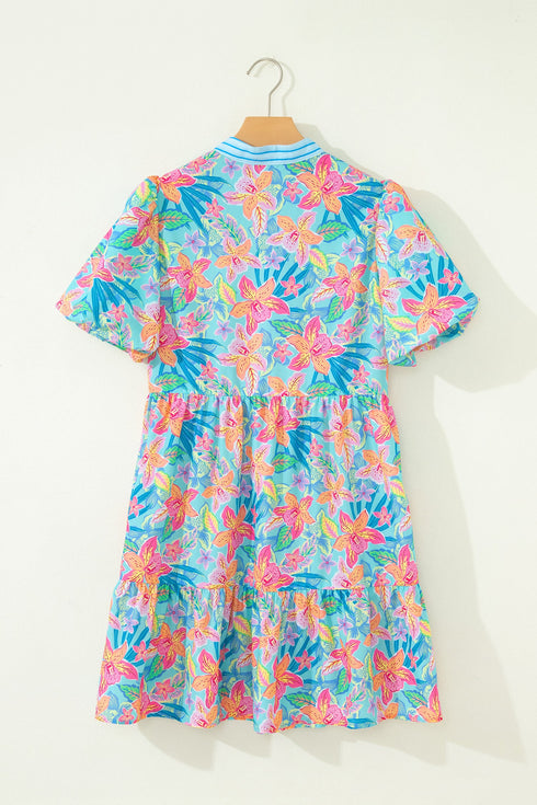 Floral Print Scallop Striped Trim V Neck Mini Dress