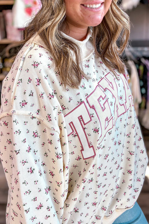 Texas Floral Applique Ribbed Mock Neck Tunic Sweatshirt