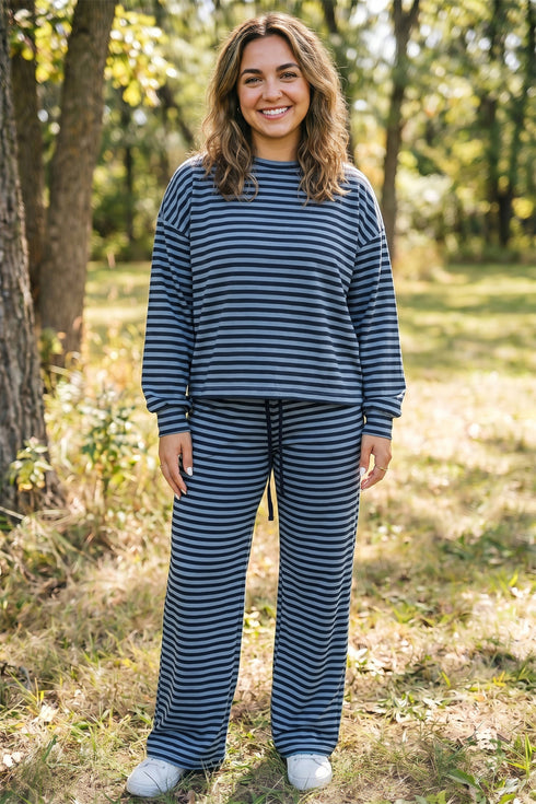 Striped Long Sleeve Drawstring Waist Loungewear Set