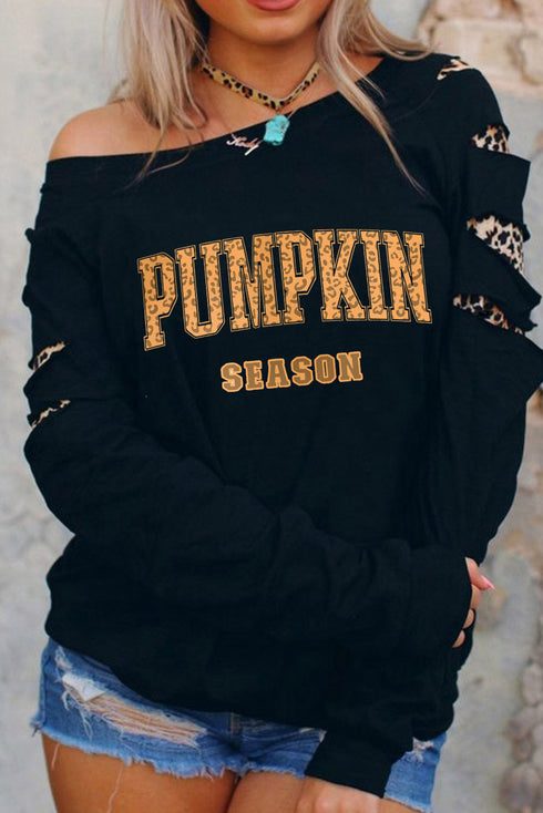 Slashed Sleeve Leopard Pumpkin Graphic Sweatshirt