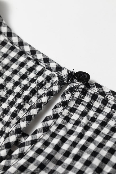 Plaid Shirred Cuff Round Neck Cotton Long Sleeve Blouse