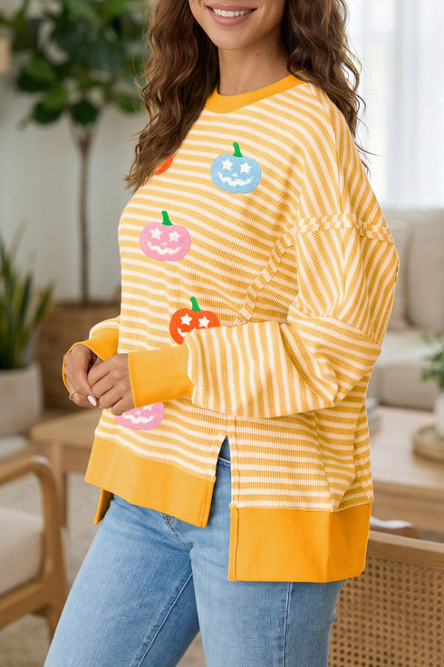 Pumpkin Face Stripe Waffle Knit Slit Pullover Sweatshirt