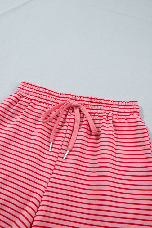Striped Ribbed Patchwork Mock Neck Baggy Pullover Short Set