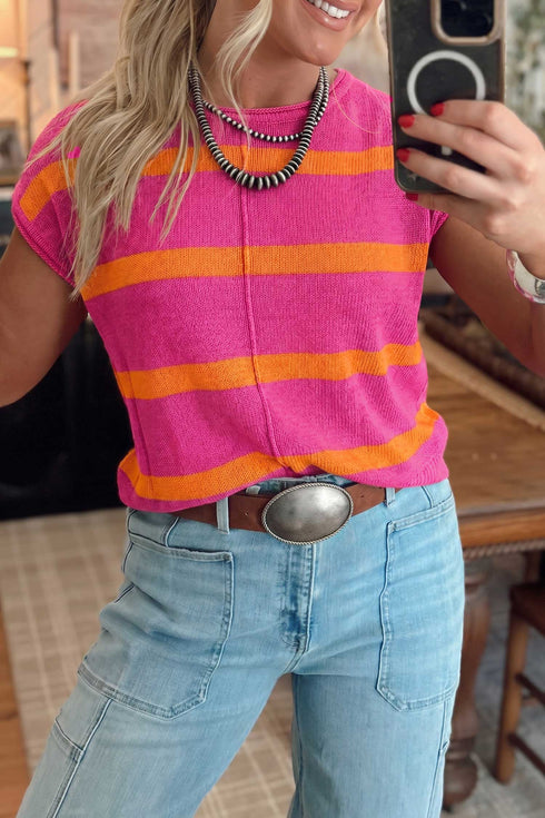 Western Stripe Seam Detail Short Sleeve Knit Sweater