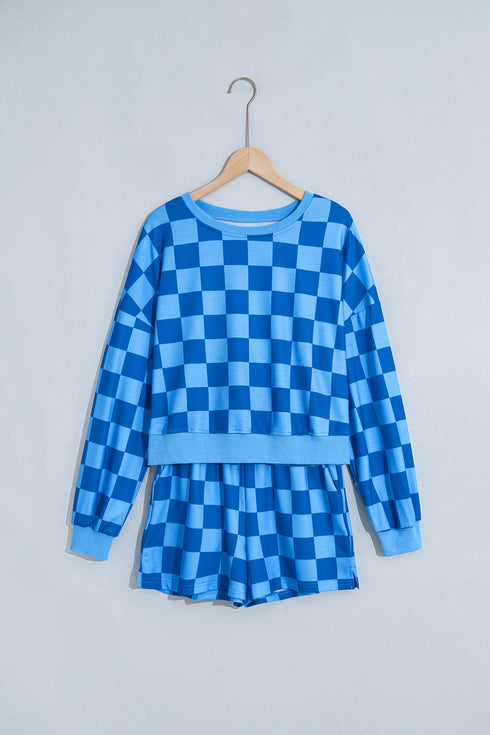 Plaid Checkered Long Sleeve Crop Top Elastic Waist Short Set
