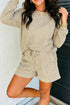 Striped Textured Knit Long Sleeve Top Elastic Waist Shorts Outfit Short Set