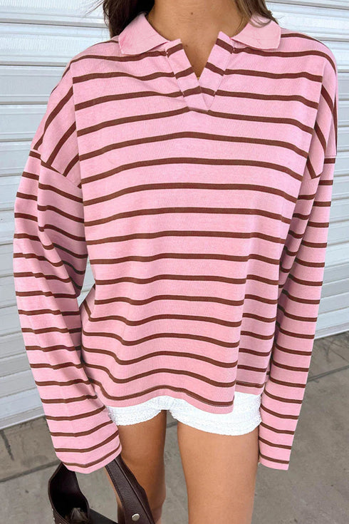 Striped Collared Long Sleeve Straight Cut Top