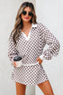 Checkered Polo Collar Long Sleeve Mini Skirt Two Piece Dress