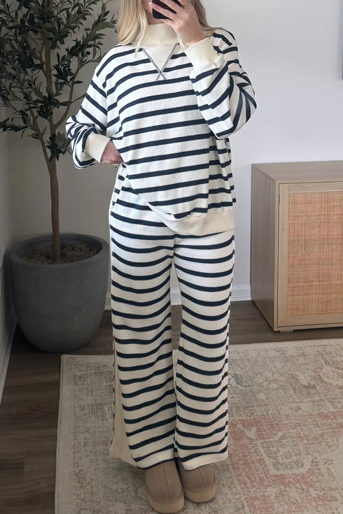 Striped Ribbed Cuff Collar Pocket Loose Pant Set