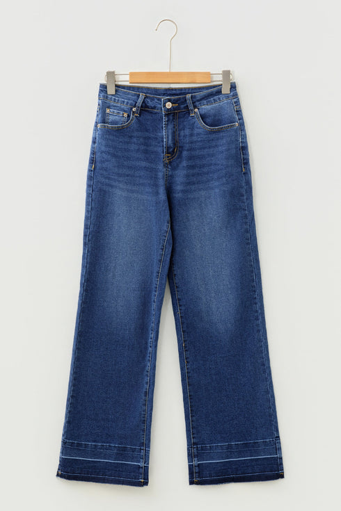 High Rise Straight Loose Raw Hem Cuffed Jeans