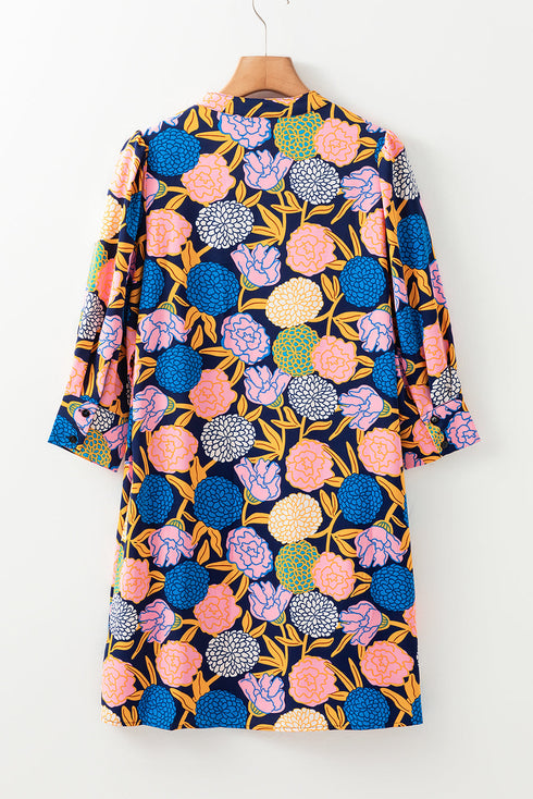 Hydrangea Floral Print Bishop Sleeve V Neck Shift Dress