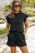 Textured Ruffle Sleeve Split Top Drawstring Short Set