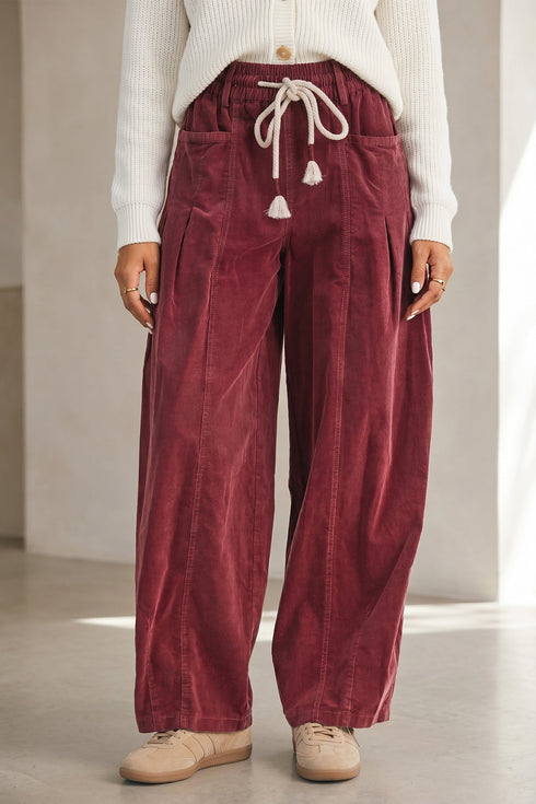 Polyester Racing Elastic Waist Drawstring Corduroy Pants