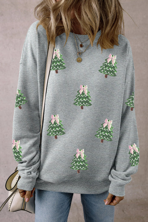 Sequined Decorated Tree Graphic Drop Shoulder Pullover Sweatshirt