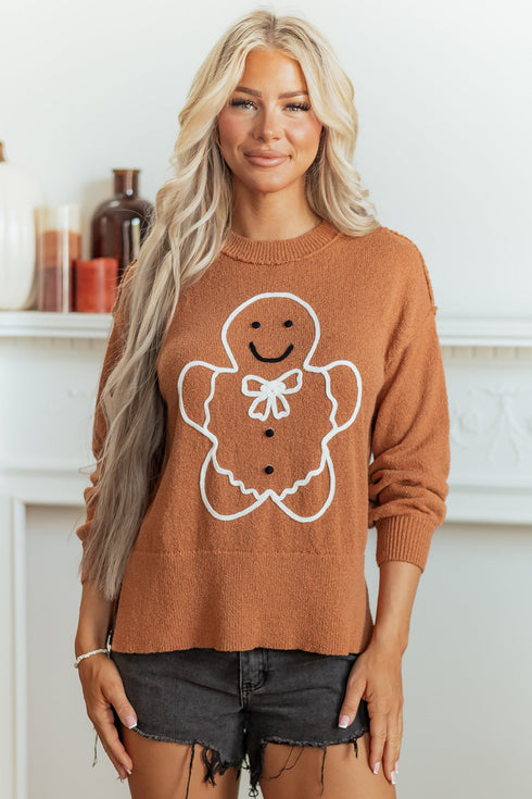Embroidery Oversized Drop Shoulder Round Neck Sweater