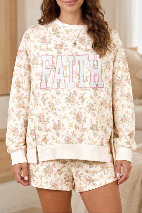Floral Print Faith Letter Graphic Long Sleeve Top Shorts Two Piece Set