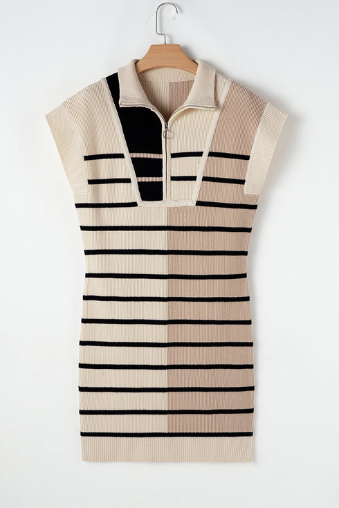 Striped Ribbed Knit Half Zip Mini Dress