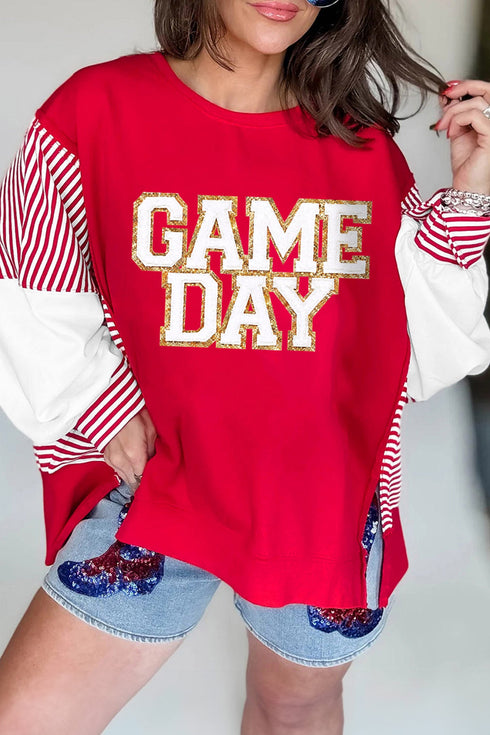 Polyester Cotton Striped Sleeve Graphic Pullover Sweatshirt