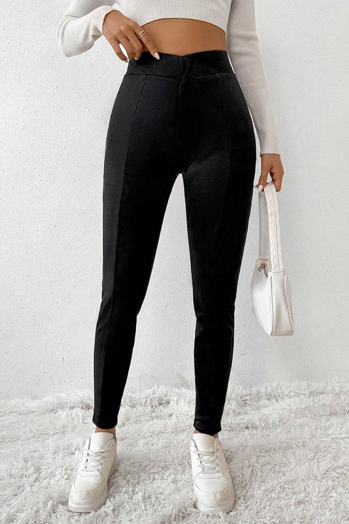 Casual Fleece Lined Crossover Waist Seamed Thermal Leggings