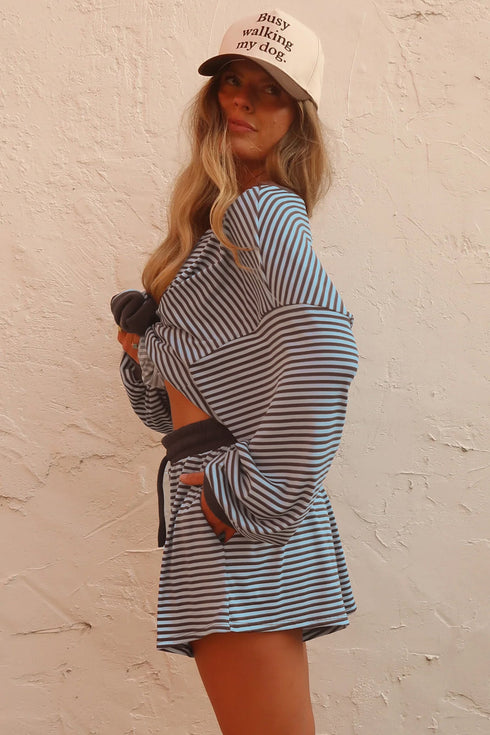 Striped Oversized Long Sleeve Top Drawstring Loose Short Set