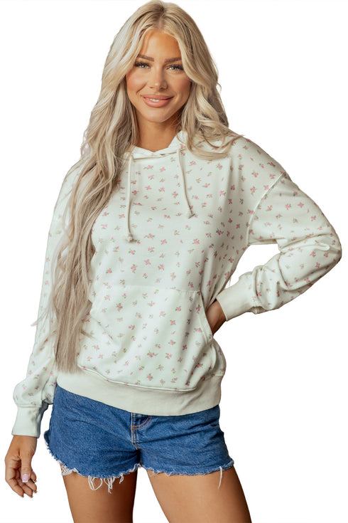 Floral Print Ribbing Drawstring Hem Long Sleeve Hoodie
