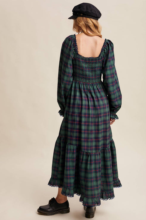 Vintage Plaid Square Neck Lace Trim Long Sleeve Shift Maxi Dress
