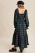 Vintage Plaid Square Neck Lace Trim Long Sleeve Shift Maxi Dress