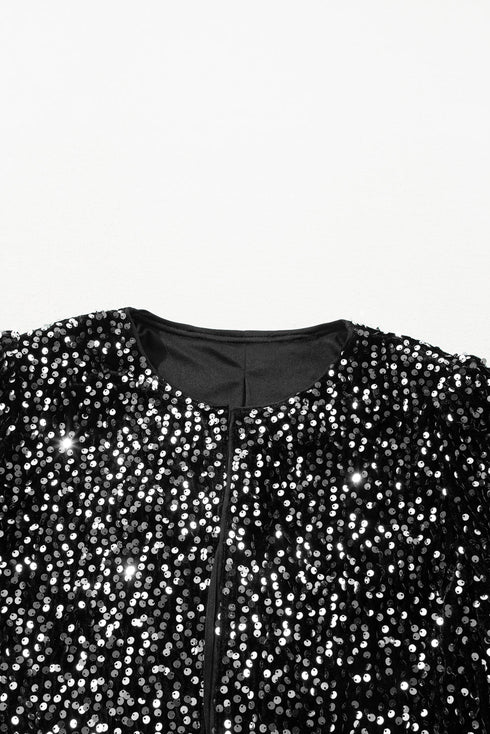 Elegant Solid Sequined Open Front Cropped Jacket
