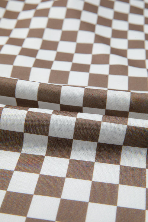 Checkered Polo Collar Long Sleeve Mini Skirt Two Piece Dress