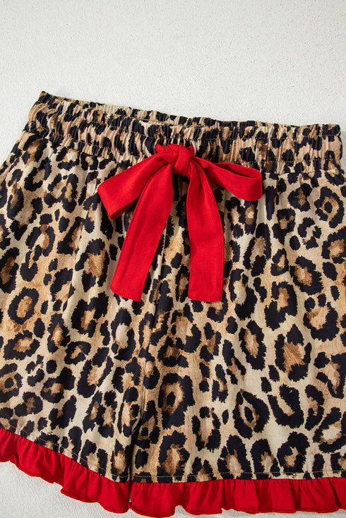 Plaid Leopard Print Patchwork Long Sleeve Shorts Sleepwear