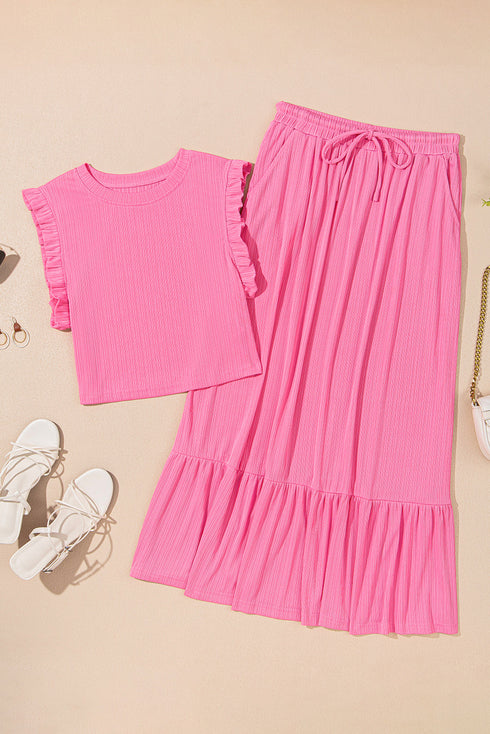 Textured Ruffle Trim Crop Vest Long Skirt Two Piece Dress