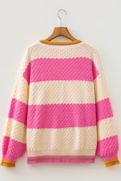 Cotton Striped Pattern Textured Drop Shoulder Sweater