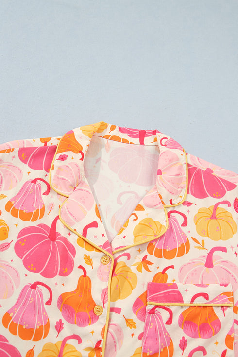 Pumpkin Print Pocket Placket Shell Button Lounge Set