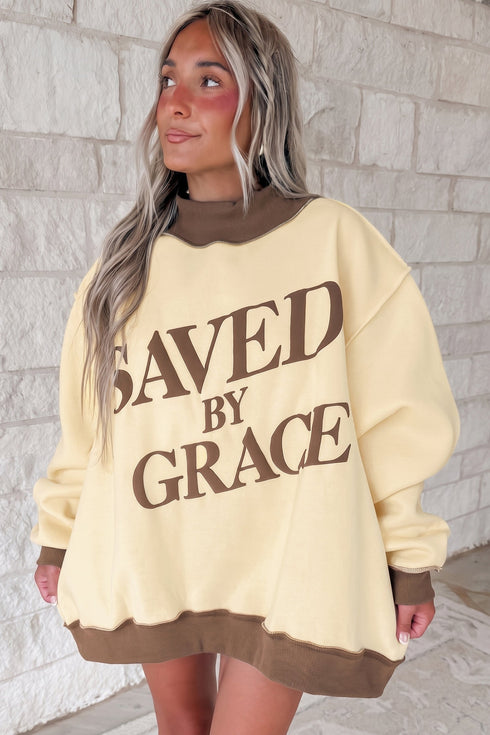 Oversized Saved By Grace Print Mock Neck Sweatshirt