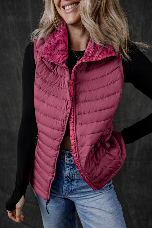 Plush Collar Quilted Zip Front Puffer Vest