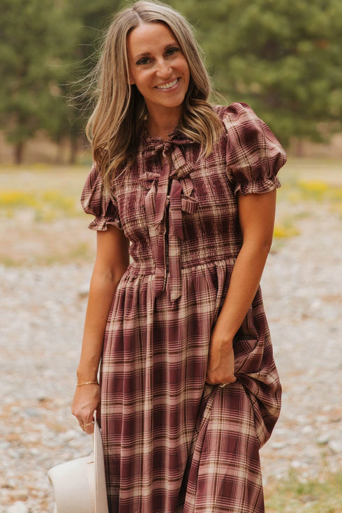 Vintage Plaid Knot Front Smocked Midi Dress