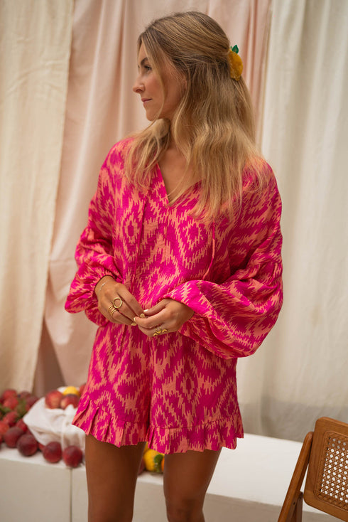 Bohemian Aztec Geometric Print Puff Sleeve Ruffled Sleepwear Set