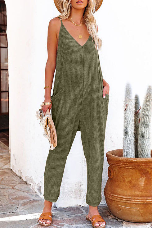 Exclusive Textured Ribbed Sleeveless V Neck Pocketed Jumpsuit