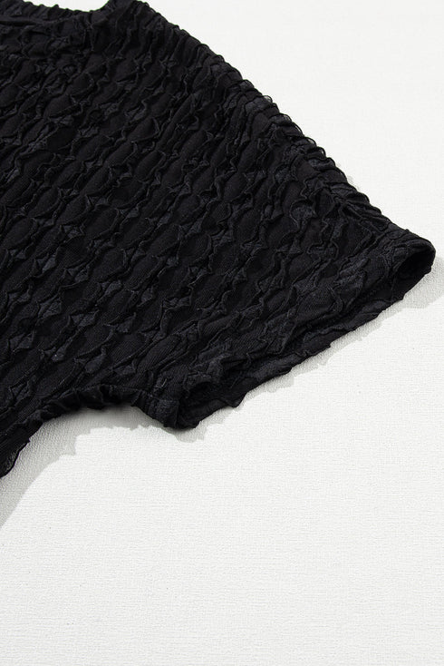 Solid Textured Frill Short Sleeve Drawstring Short Set