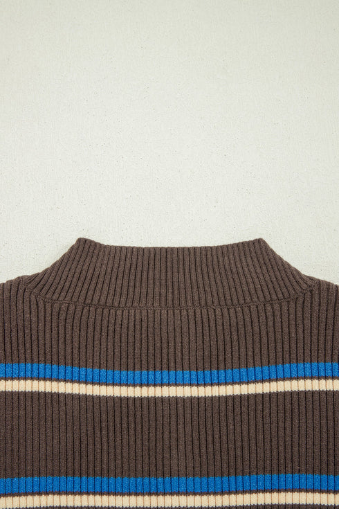 Striped Ribbed Knit Cuff Henley Button Sweater