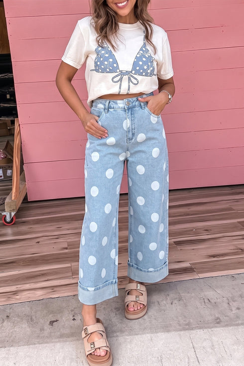 Polka Dot Ankle Length Metal Button Jeans
