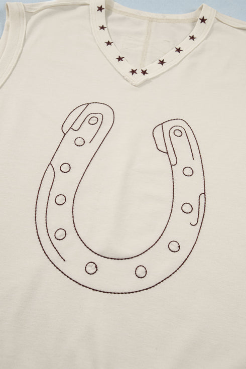 Horseshoe Embroidered Star Trim V Neck Tank
